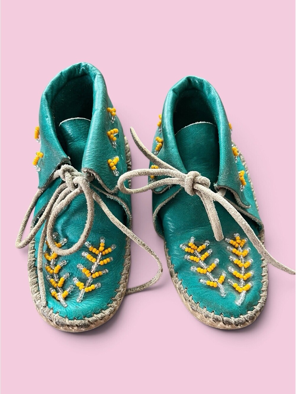 50s Vintage Leather Beaded Child’s Turquoise Handmade Moccasins Beadwork Native